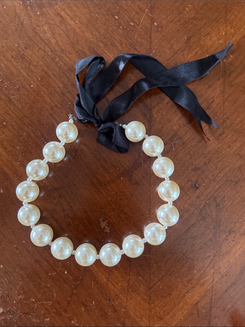 Pearl Bead Necklace with Black Ribbon Tie Chunky Big Faux Vintage Pearl Necklace